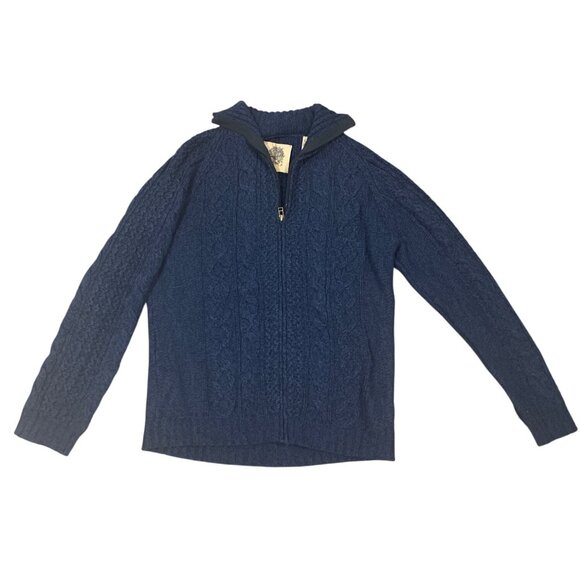 Mens Navy Blue Cable Knit Wool Blend Hooded Full Zip Cardigan Sweater L Outdoor - Picture 1 of 4